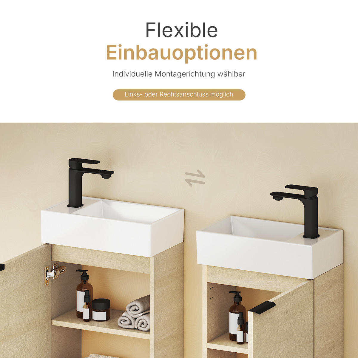 WASCHTISCHKOMBI 41,7 cm Eiche Natur mit Keramik-Waschbecken - Eichefarben/Schwarz, Holzwerkstoff (41.7/64.6/24cm) - EMKE