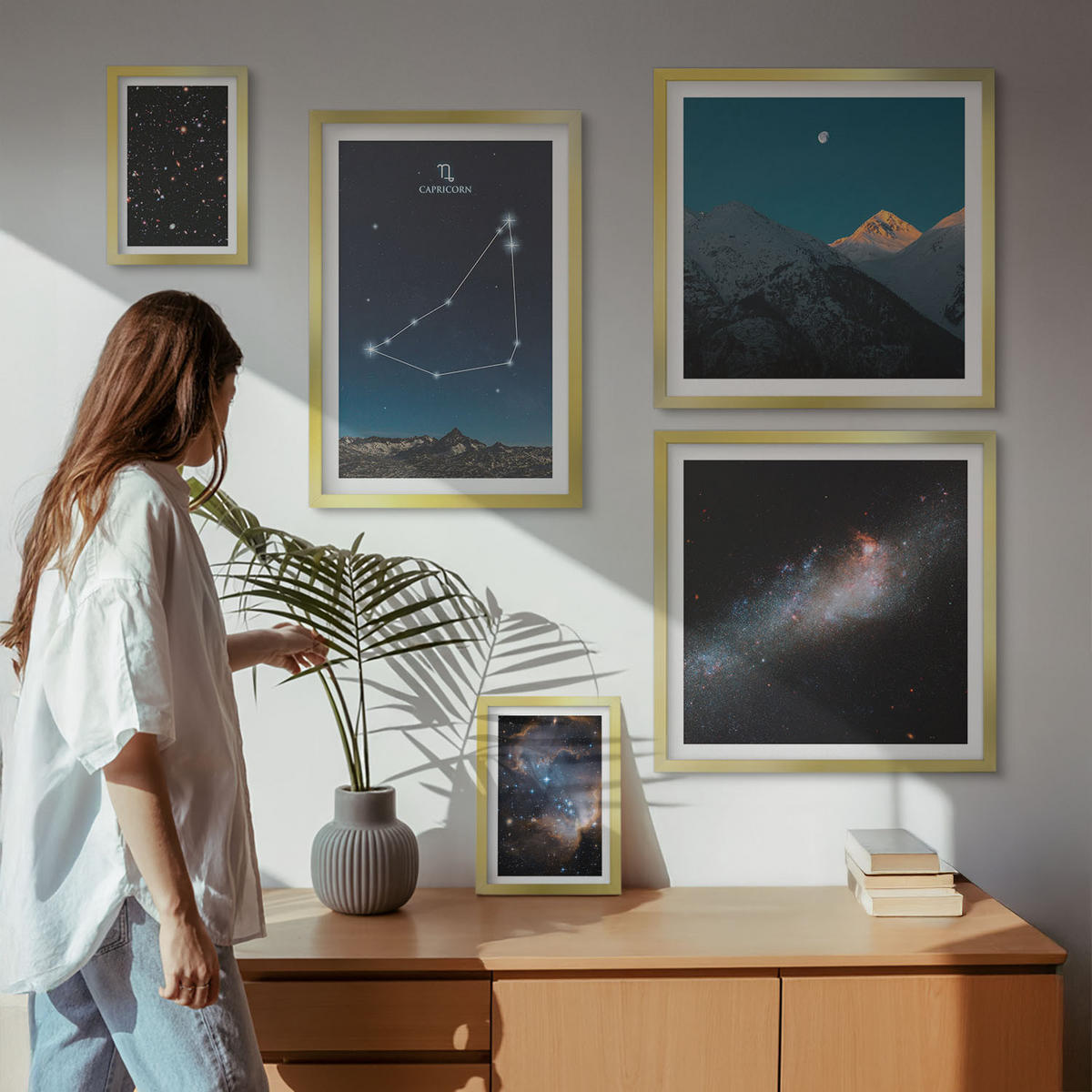 BILDER SET 5er Set - 50x50 cm & 20x30 cm & 40x60 cm Goldrahmen - Galaxie im Sternbild Steinbock - Goldfarben, Kunststoff (40/60cm) - TULUP