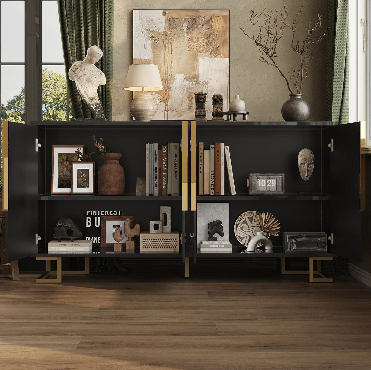 SIDEBOARD 152/40/75 cm aus MDF mit geometrischer Front und goldfarbenen Metallfüßen Schwarz - Schwarz, Holzwerkstoff (152/75/40cm) - Modenvie