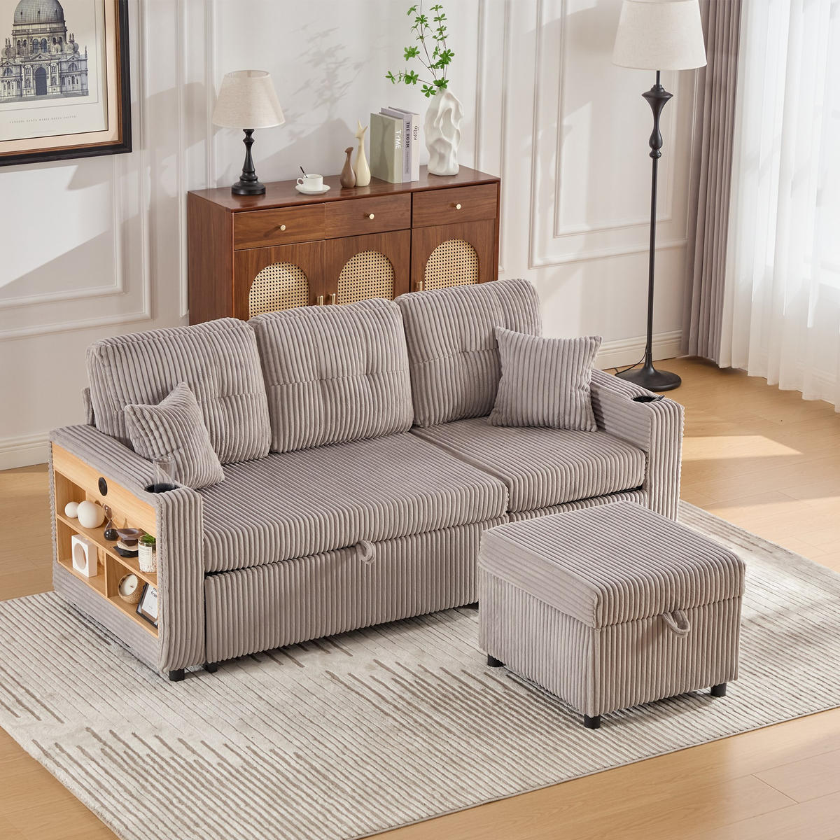 SCHLAFSOFA 3-er Sofa mit Schlaffunktion,Aufbewahrungshocker,Cord,Hellgrau - Hellgrau, Textil (196/85/119cm) - LVHOM