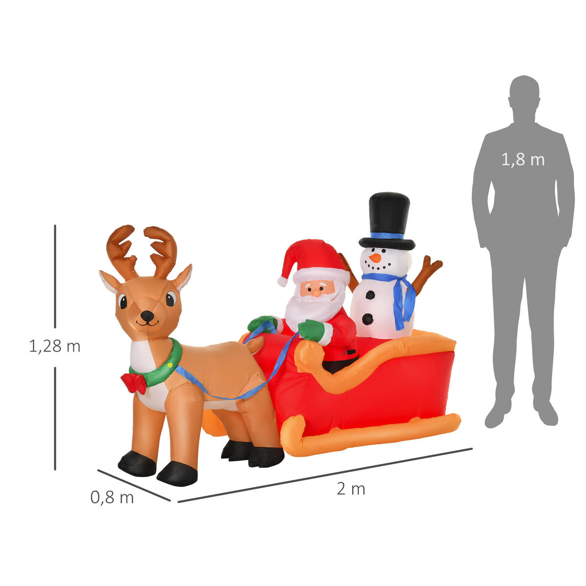 AUFBLASBARER Weihnachtsmann auf Schlitten, Polyester, Rot+Gelb - Multicolor, Kunststoff (80/128/200cm) - HOMCOM