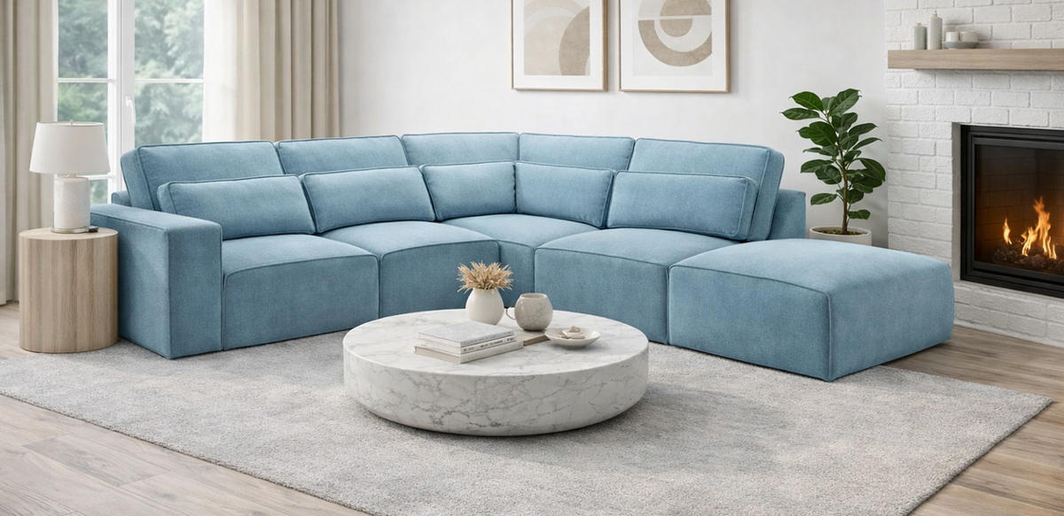 ECKSOFA hellblau Webstoff, Sofa 305 x 281 cm, L-Sofa rechts - Hellblau/Grau, Holz/Textil (305/281cm) - Inn.Furn