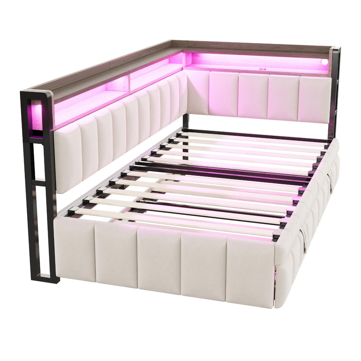 AUSZIEHBETT 90/200 cm ausziehbar mit LED und USB, DE-41717, in Beige - Beige, Metall (90/200cm) - ComfortXL