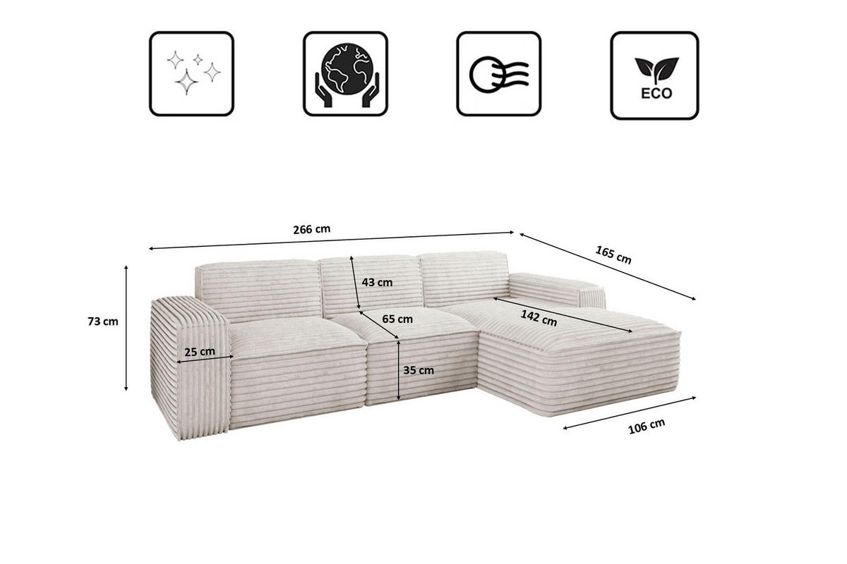 ECKSOFA L-Form Siena Stoff Velo Ecru Rechts - Ecru, Holz/Kunststoff (266/165cm) - Kaiser Möbel