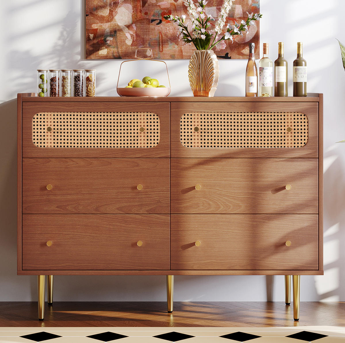 KOMMODE, 6 Schubladen, mit Metallbeinen und Rattan-Details, 120x40x90 cm, Nussbaumfarben - Nussbaumfarben, Holzwerkstoff (40/90/120cm) - Modfu