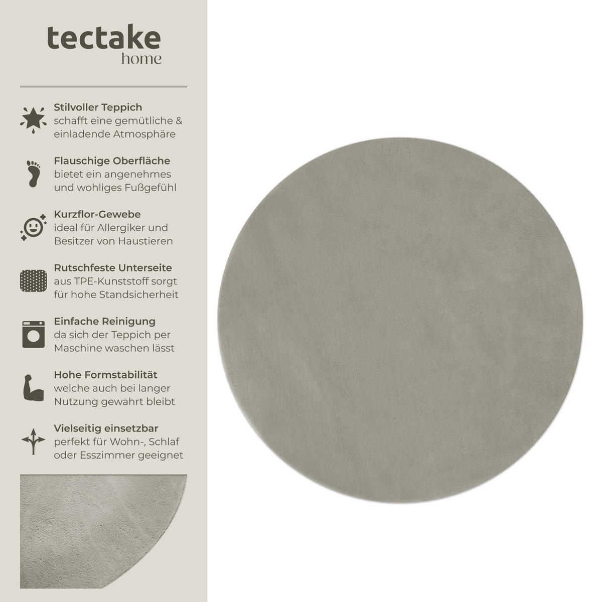 KURZFLORTEPPICH Soft Zone,rutschfeste Unterseite,Sand - Sandfarben, Kunststoff (120/120cm) - tectake