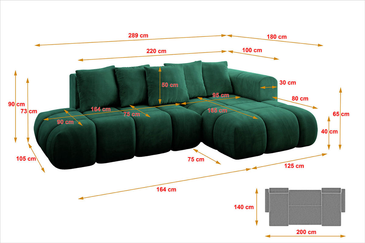 ECKSOFA Ottomane Rechts CLOUD-L-v1 289x180x40 Dunkelgrün Velours - Dunkelgrün, Holzwerkstoff/Kunststoff (289/180cm) - ALTDECOR