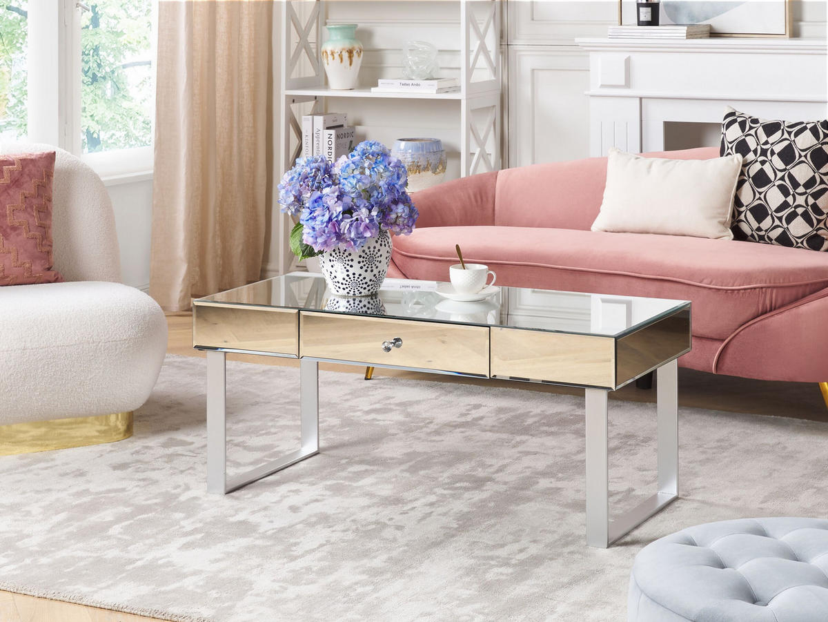 COUCHTISCH Silber mit Schublade verspiegelt Nesle - Silberfarben, Glas (47/110/46cm) - Beliani