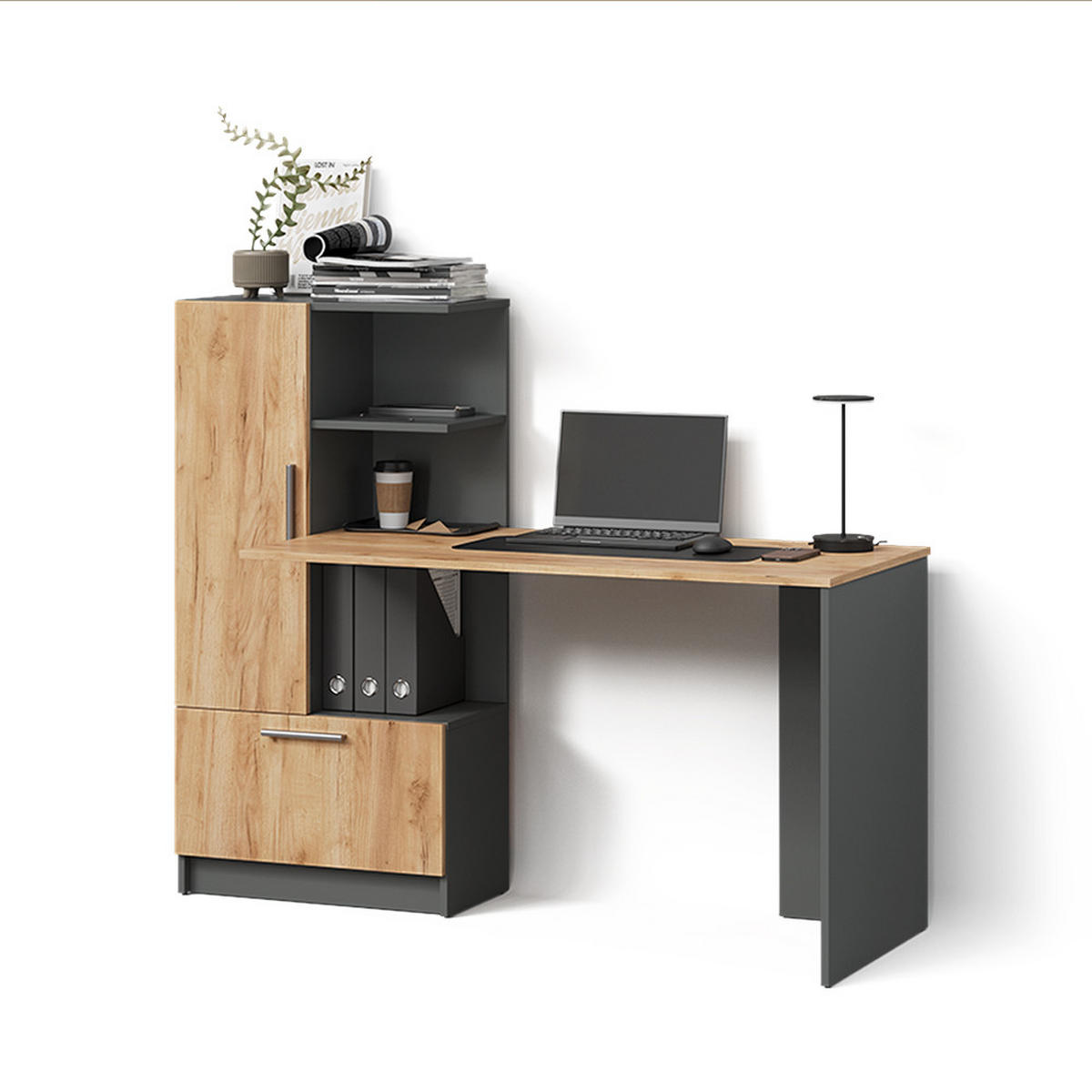 SCHREIBTISCH Lorena Anthrazit/Goldkraft Eiche 150 x 120.1 cm mit 2 Türen - Anthrazit, Holzwerkstoff (59.3/150/120.1cm) - Livinity®