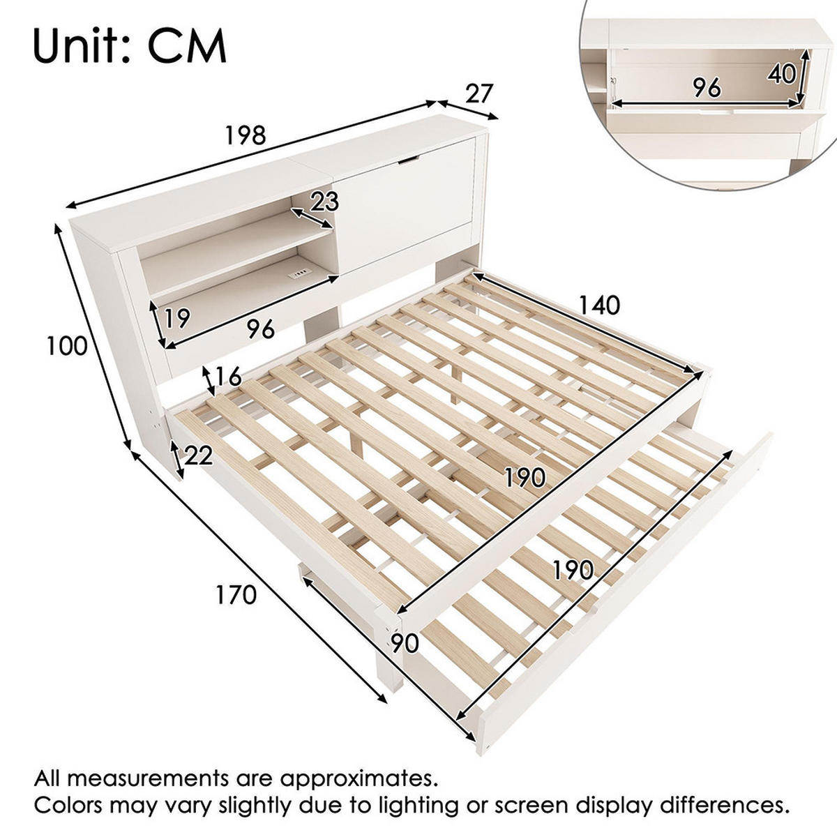 AUSZIEHBETT 140×190 cm mit Lattenrost in Weiß - Weiß, Holz (140/190cm)