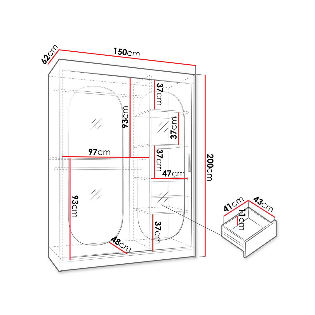 Thumbnail - Mirjan24 Schwebetürenschrank, Schwarz, Kunststoff, 2 Schubladen, Rechteckig, 150x200x62 cm, Schlafzimmer, Kleiderschränk...