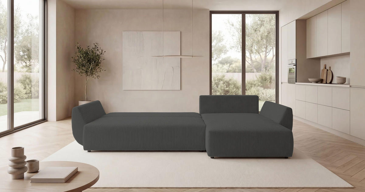 ECKSOFA SYDNEY rechts dunkelgrau Cord Poso 60 - Schlaffunktion, Bettkasten - Anthrazit, Textil (280/175cm) - Cornero