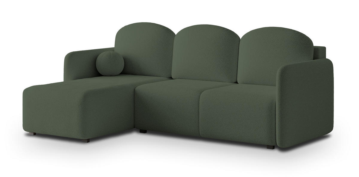 ECKSOFA SUVINO Grün Boucle-Stoff mit Schlaffunktion - Grün, Holz (230/143cm) - MASSENO