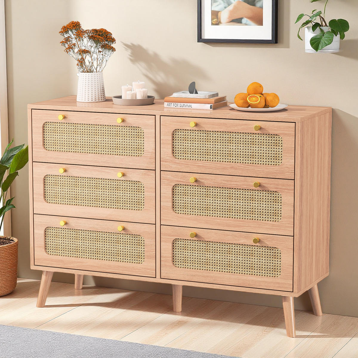 KOMMODE 6 Schubladen Naturholz Rattanfront stabil - Naturfarben, Holzwerkstoff (34/73/100cm) - SHOPENTRA