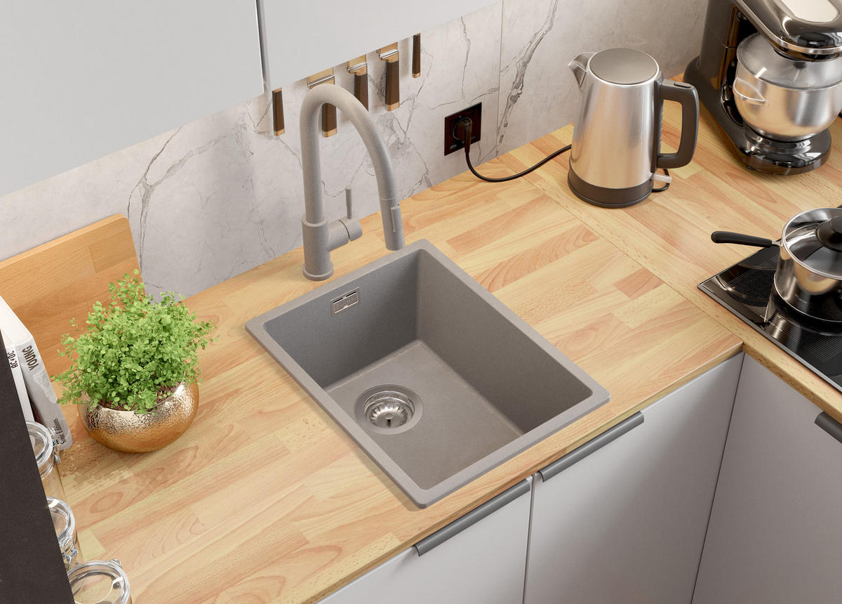 GRANITSPÜLE London Slim, 2-er set Grau 36/47 cm 1 Becken + Küchenarmatur 32/20 cm + Ablauf-Set ab 40er Unterschrank - Grau, Kunststoff (36/20/47cm) - Primagran