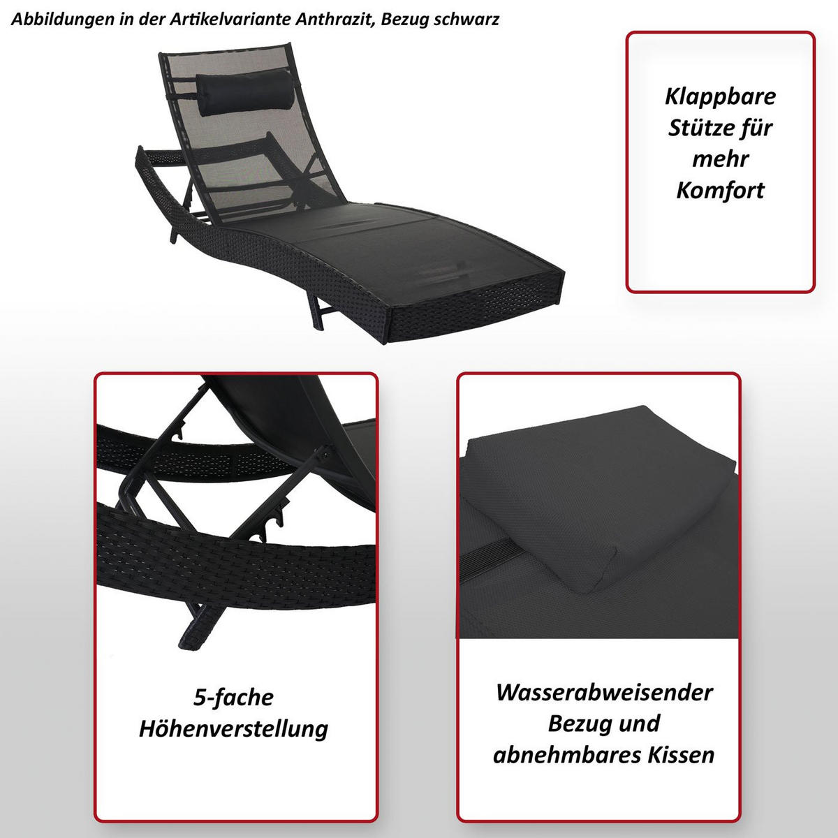 SONNENLIEGE Anthrazit, Grau - Anthrazit/Grau, Kunststoff (70/88/220cm) - MCW