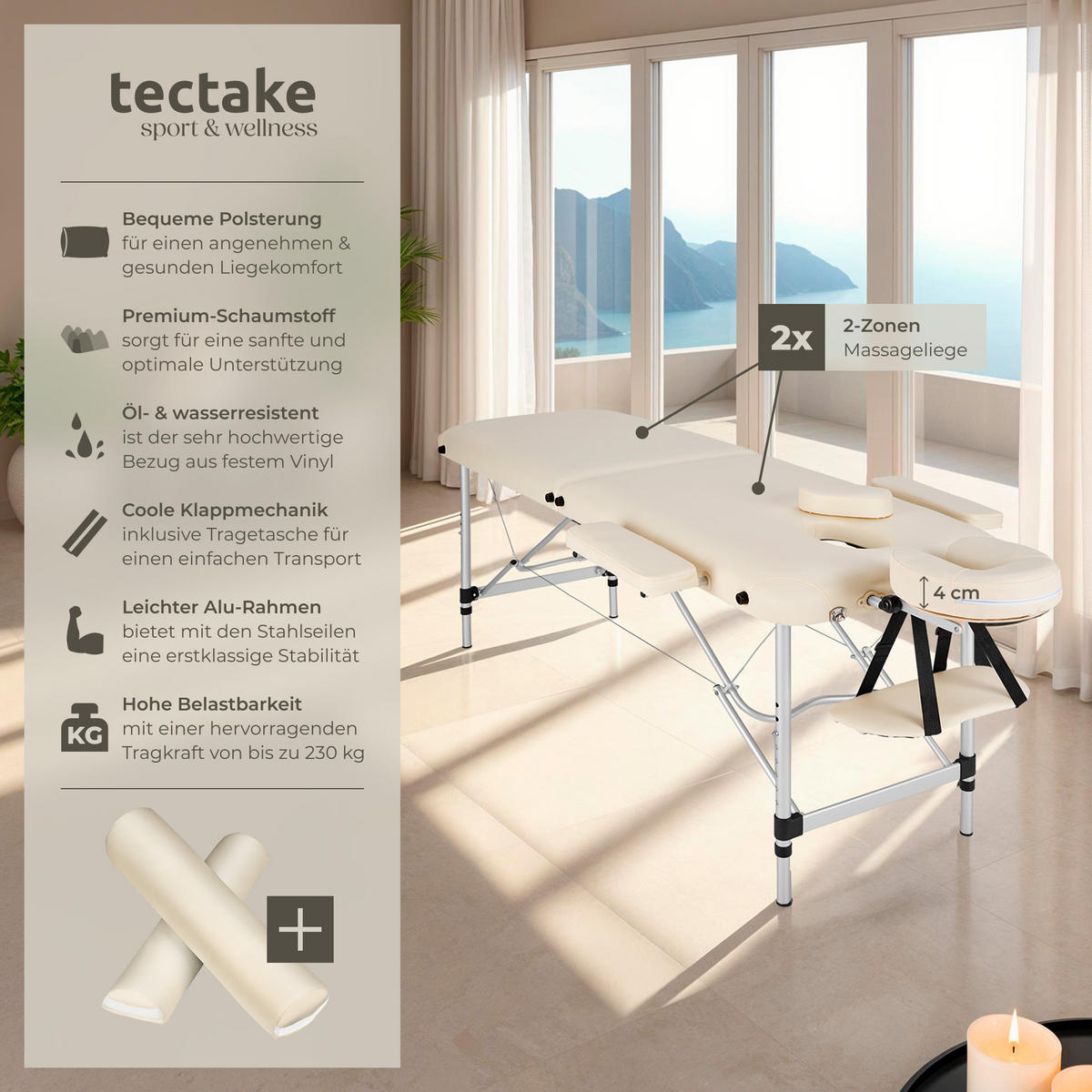 MASSAGELIEGE 2 Zonen, 210 x 95 x 89 cm,beige - Beige, Metall (95/89/210cm) - tectake