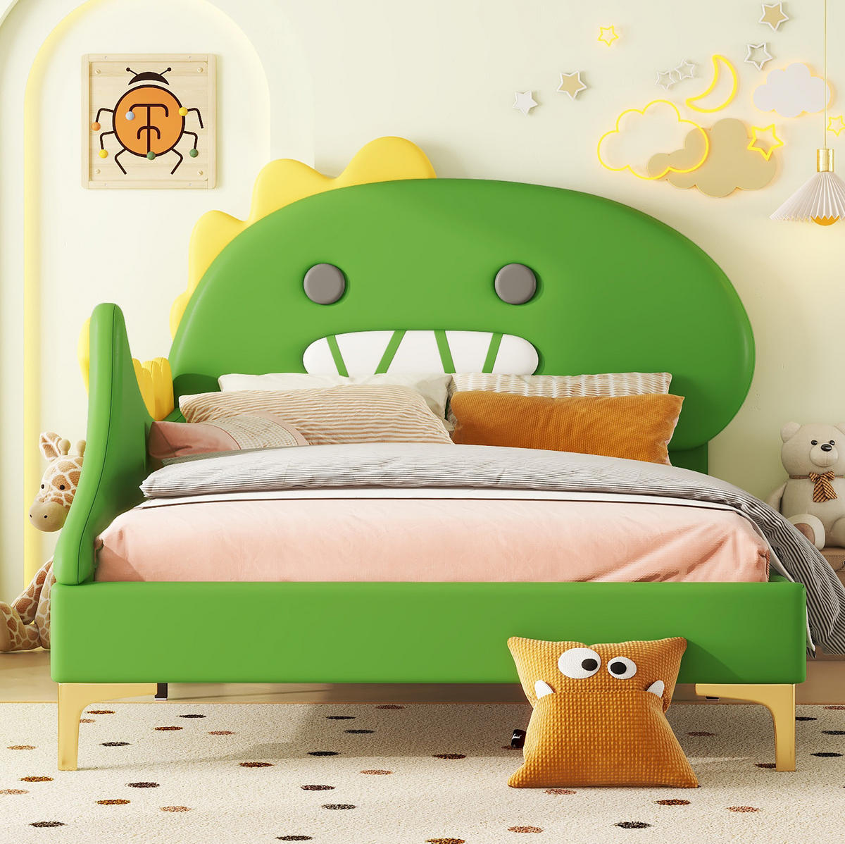 KINDERBETT 90/200 cm aus PU und MDF mit Dinosaurier-Kopfteil Grün - Grün, Kunststoff (90/200cm) - Modenvie