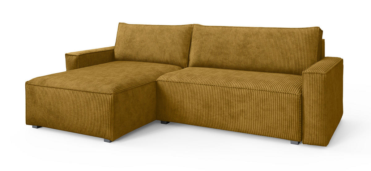 ECKSOFA BESMIR Gelb Kordstoff mit Schlaffunktion - Gelb, Holz (275/148cm) - MASSENO