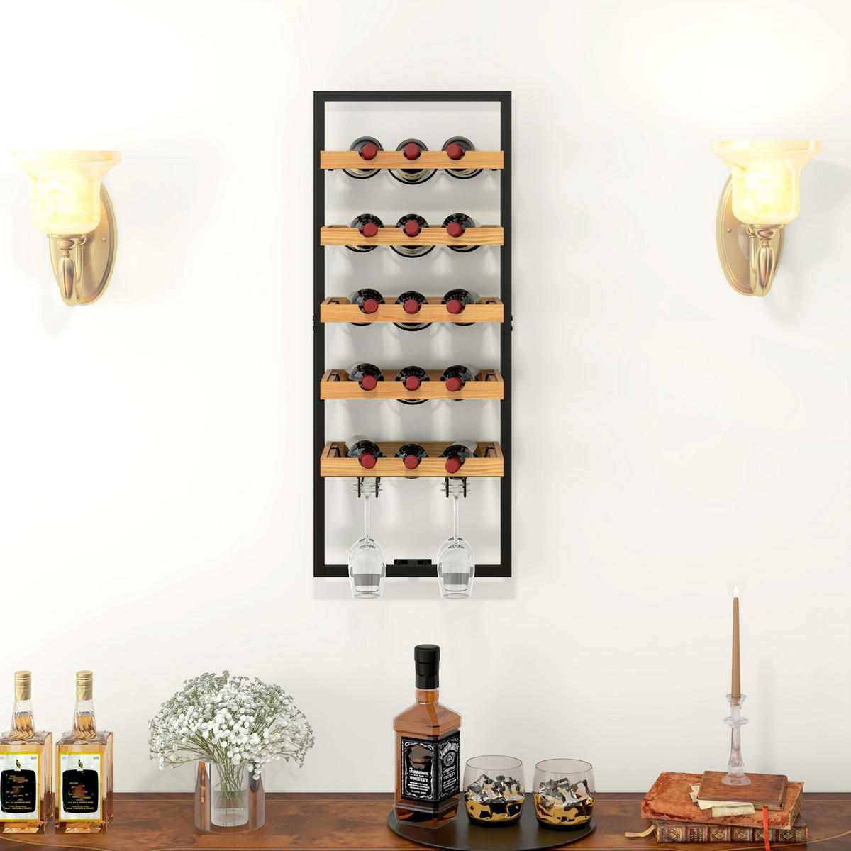 WEINREGAL stapelbar, wandmontierbares Flaschenregal mit 5 Ablagen, Glashaltern - Braun, Textil (25/86/35cm) - HOMCOM