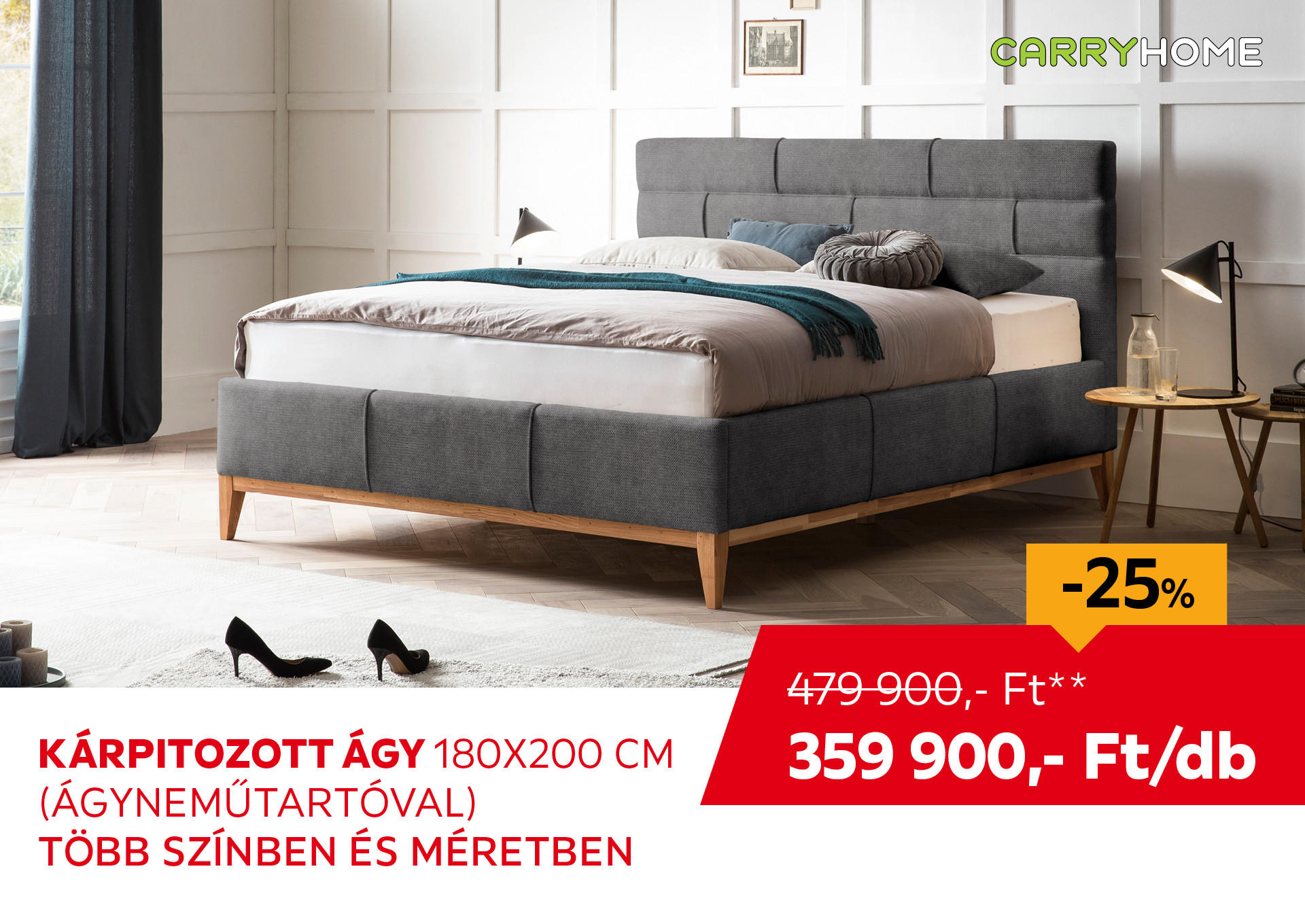 KÁRPITOZOTT ÁGY 180X200 CM ÁGYNEMŰTARTÓVAL Kiemelt termék 479900 Ft.- helyett 359900 Ft.-