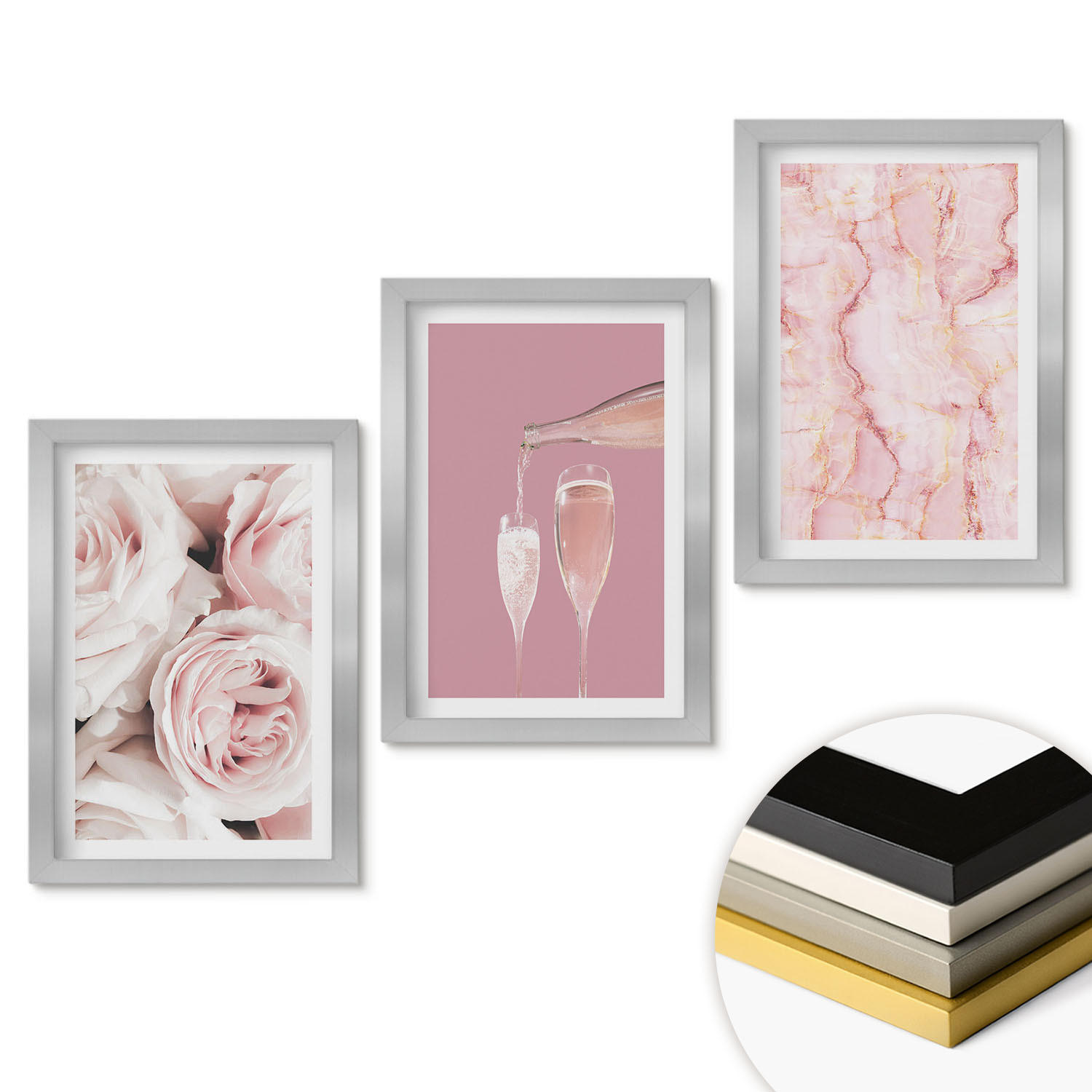 WANDBILDER 3er Set - 20x30 cm Silberner Rahmen - Champagnerfarbene Rosen, Marmorhintergrund - Silberfarben, Kunststoff (20/30cm) - ArtPrintCave