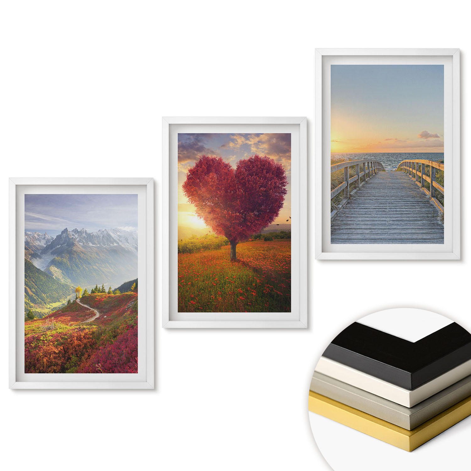 WANDBILDER 3er-Set - 40x60 cm Weißer Rahmen - Landschaften Berge Baum Herz Pier - Weiß, Kunststoff (40/60cm) - ArtPrintCave