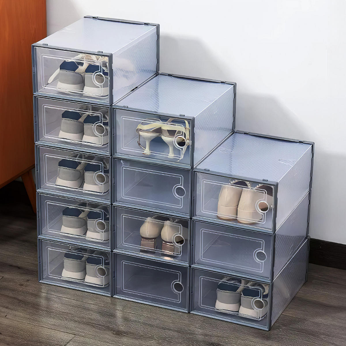SCHUHBOXEN 12er-set 33x23x14cm aus Kunststoff in Schwarz - Einfacher doppelrahmen klappbarer mehrschichtiger Aufbewahrungsständer - Schwarz, Kunststoff (23/14/23cm) - Livingandhome
