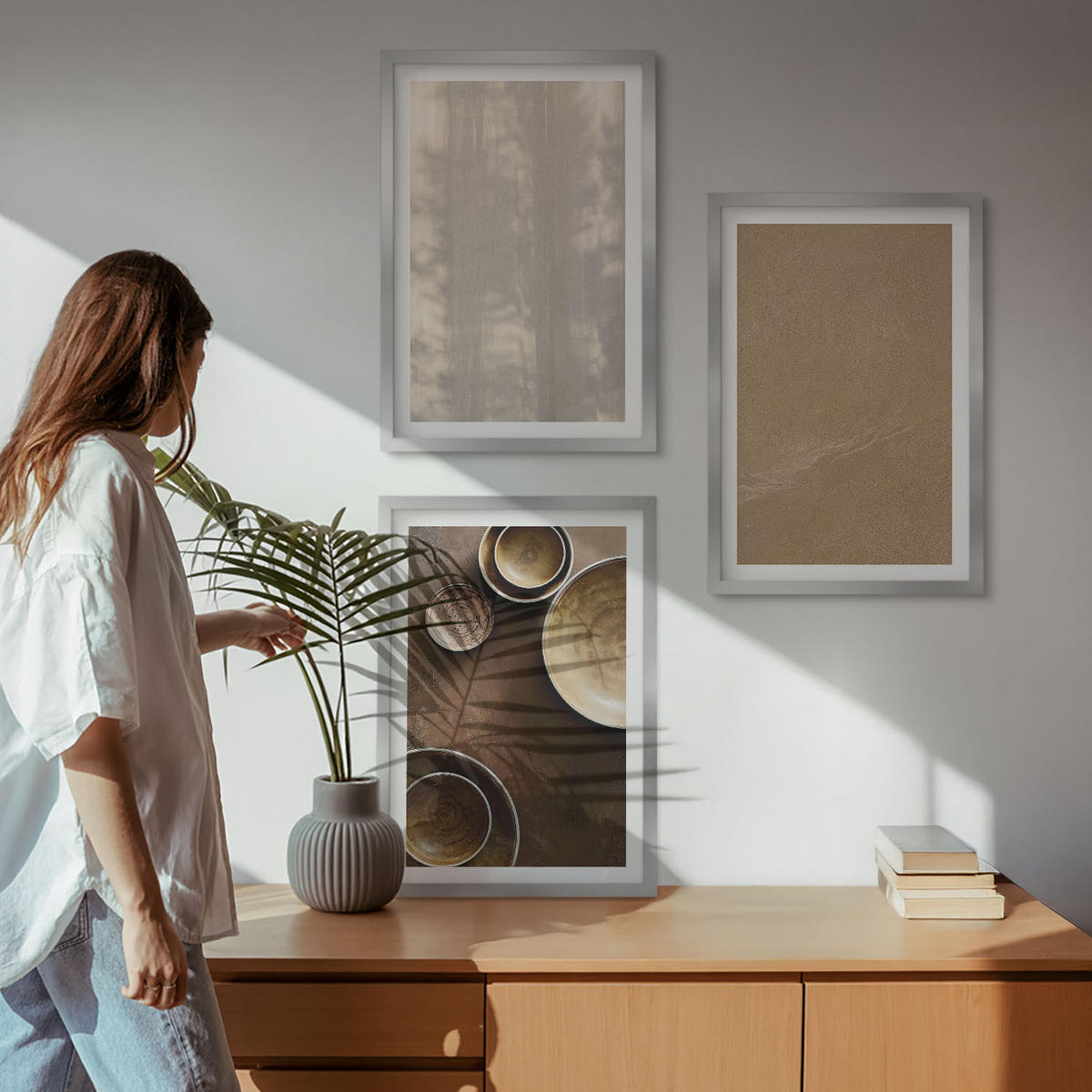 BILDER SET 3er Set - 40x60 cm Silberner Rahmen - Minimalistische Texturstrukturen - Silberfarben, Kunststoff (40/60cm) - TULUP