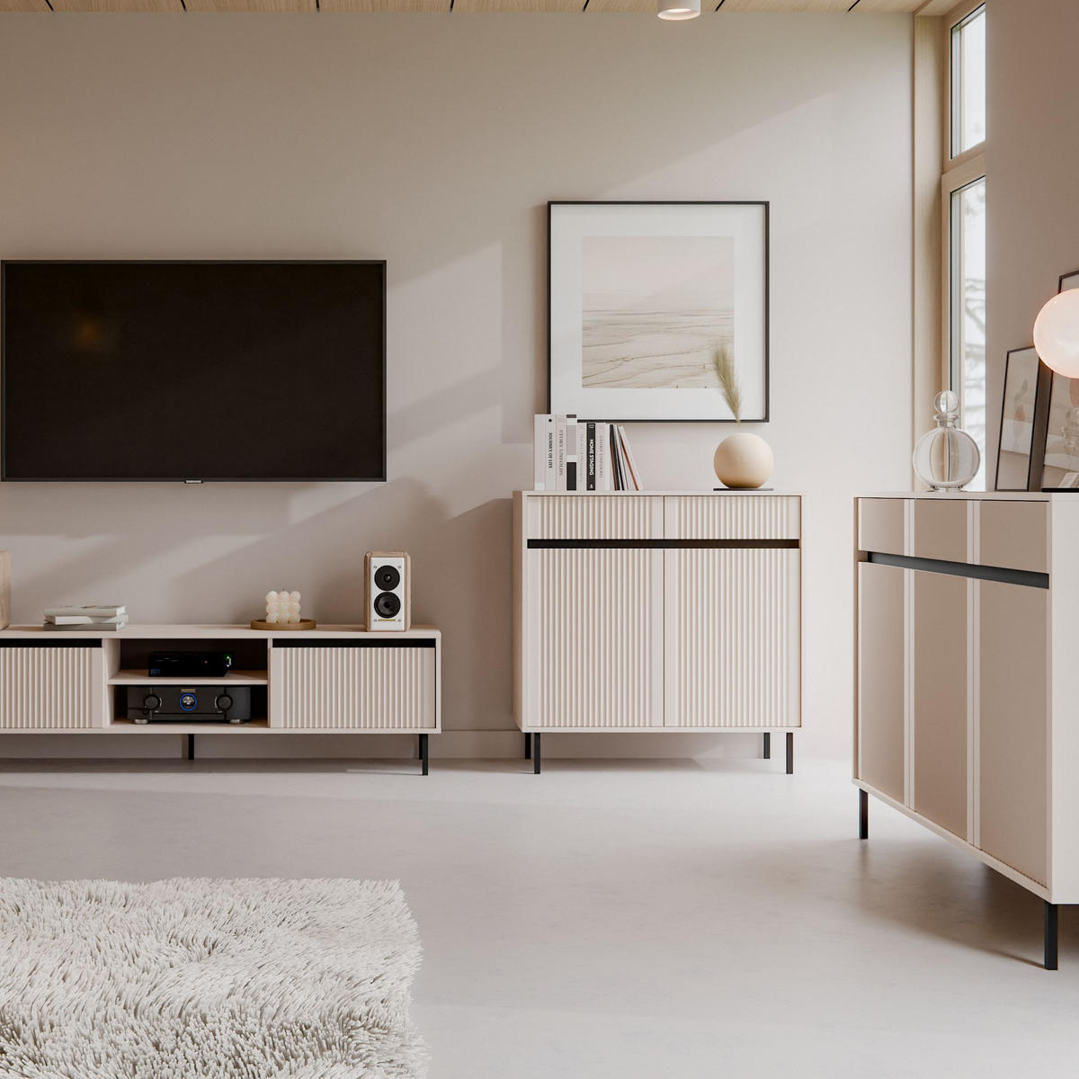KOMMODE OSTIA 100/100/40 cm mit 2 Schubladen 2 Türen Beige - Beige, Holzwerkstoff (100/100/40cm) - MASSENO