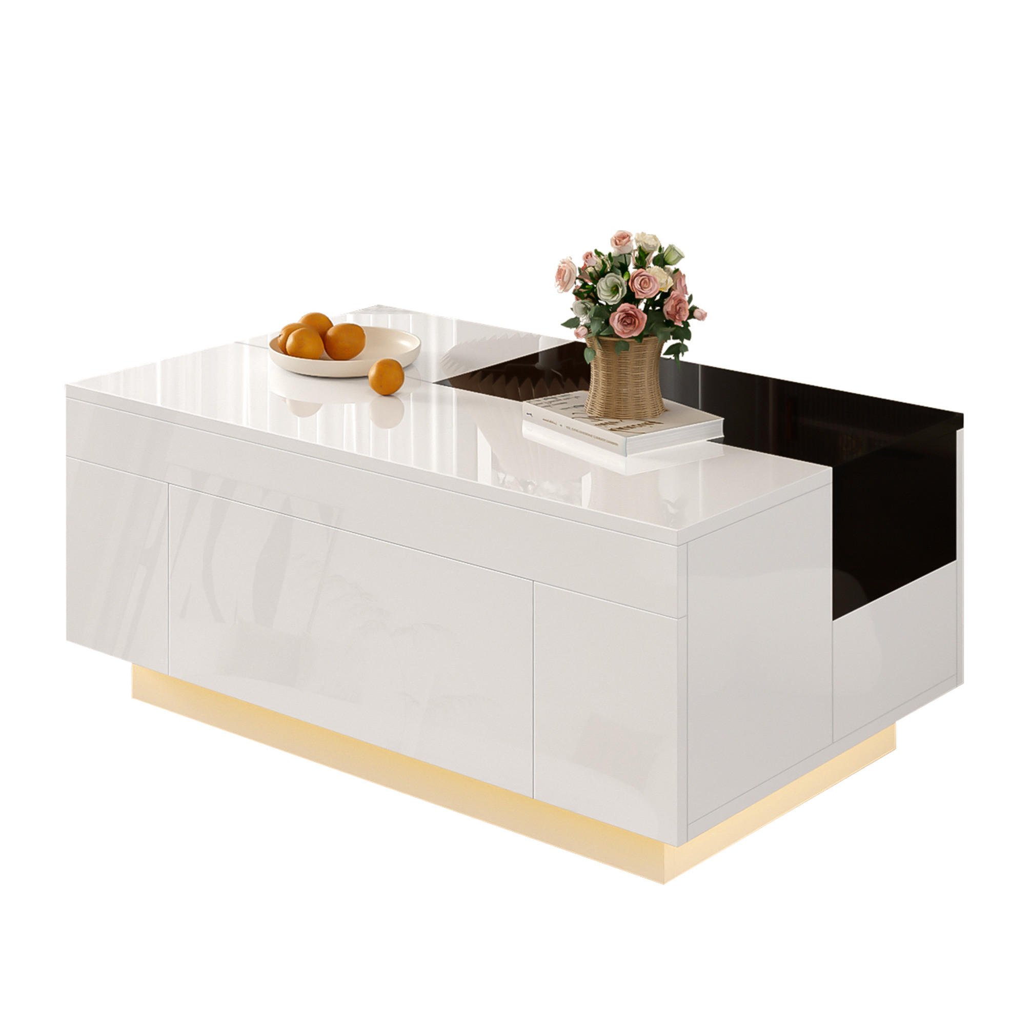 KONFERENČNÍ stolek 80/50/35,5 cm černobílý z MDF s LED osvětlením a výsuvnou deskou - bílá, kompozitní dřevo (80/50/35.5cm) - OKWISH
