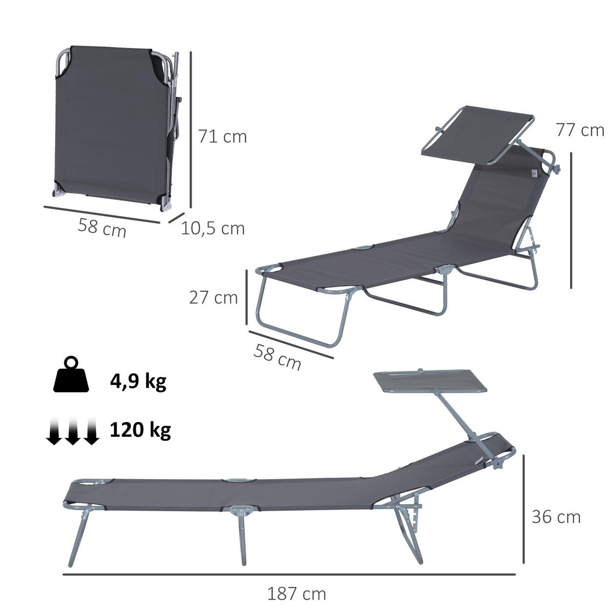 SONNENLIEGE DE-07693 klappbar, mit Sonnenschutz, 4-fach verstellbar Grau - Grau, Metall (58/36/187cm) - ComfortXL