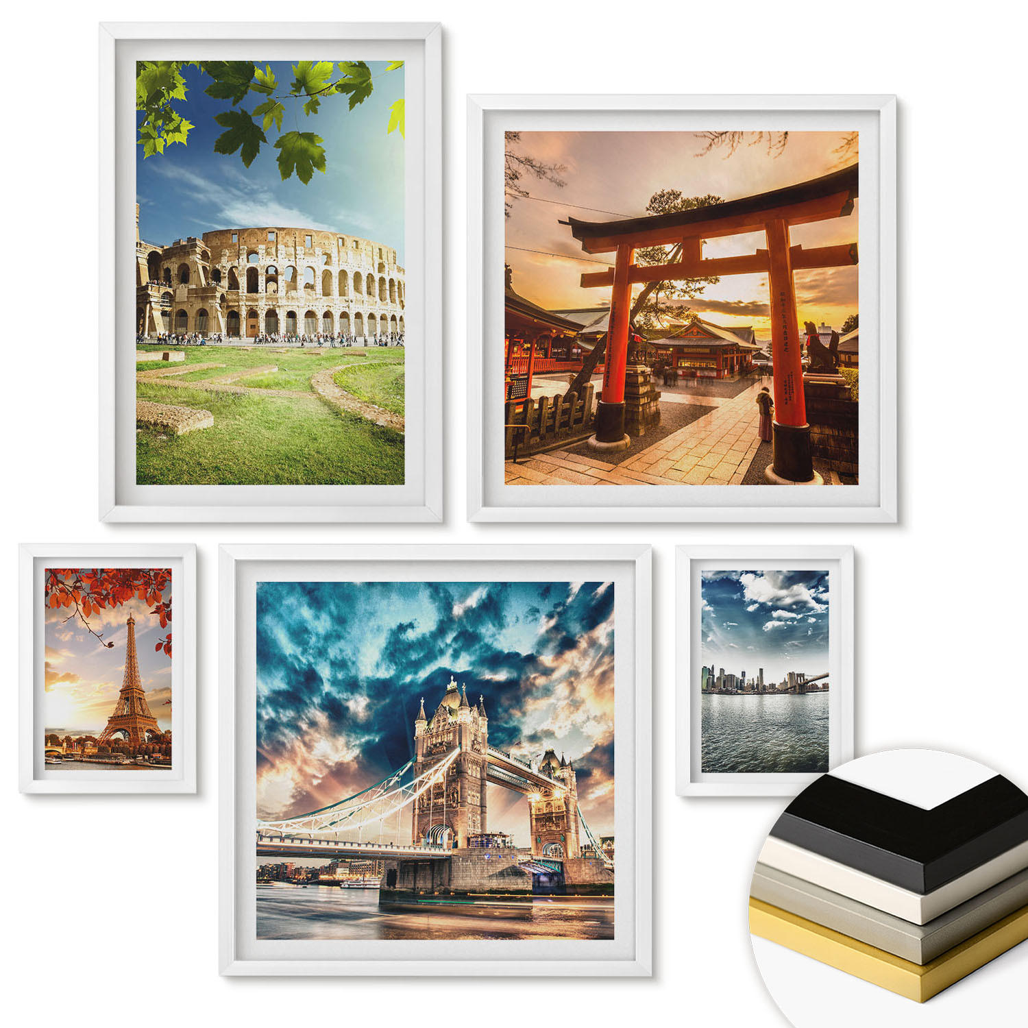 WANDBILDER 5er-Set - 50x50 cm & 20x30 cm & 40x60 cm Weißer Rahmen - Entspannende Zen-Steine für inneren Frieden - Weiß, Kunststoff (40/60cm) - ArtPrintCave
