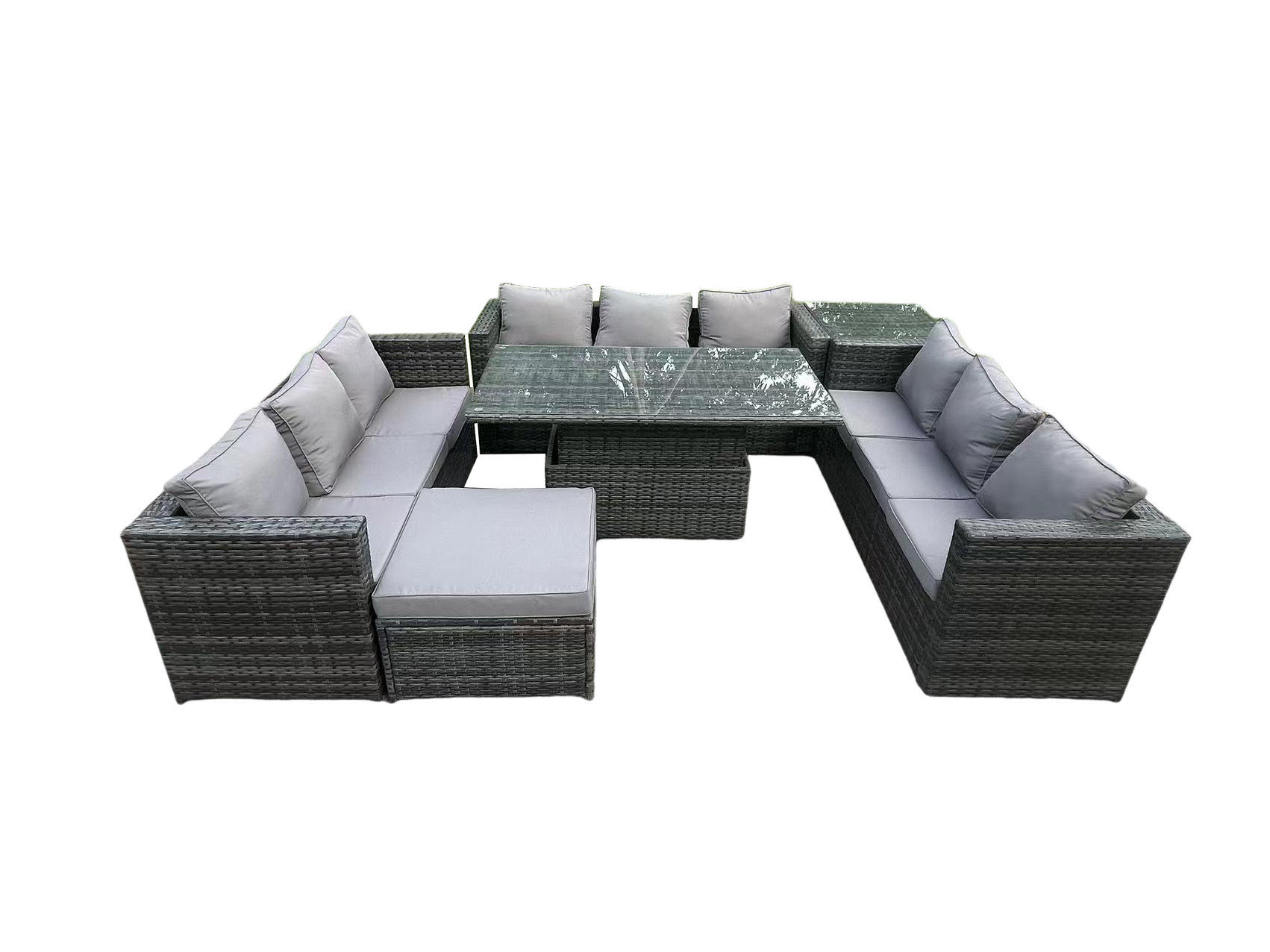 GARTENMÖBEL HÖHENVERSTELLBARER ESSTISCH SET MIT HOCKER Polyrattan Outdoor 10-Sitzer - Dunkelgrau/Grau, Glas/Kunststoff - Fimous