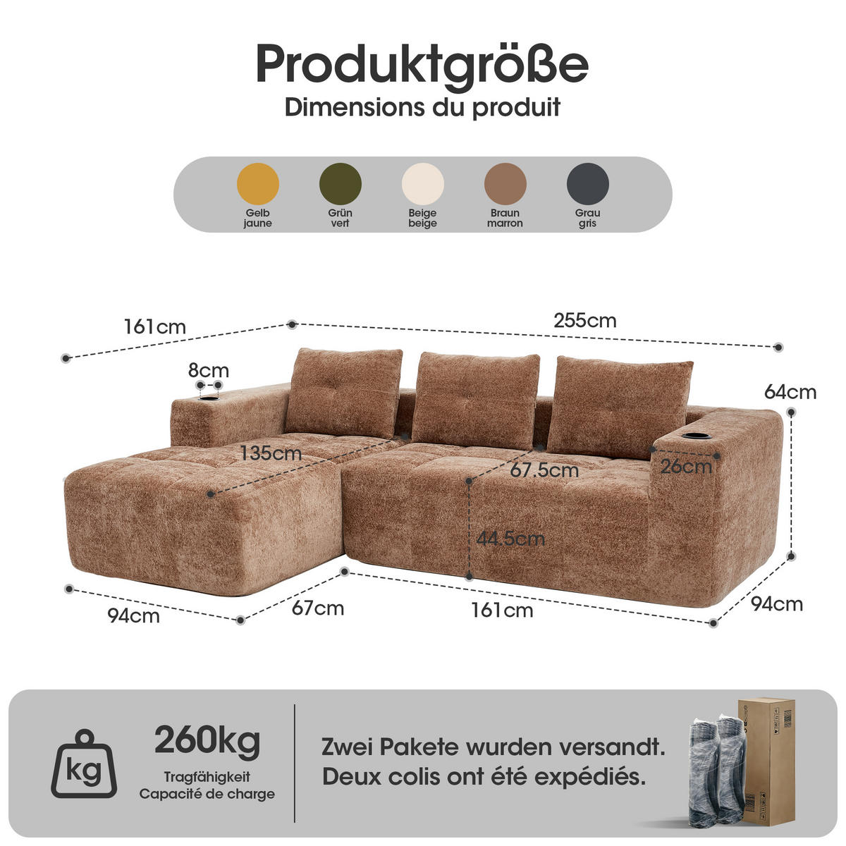 ECKSOFA 5-Sitzer Polyester Hellbraun mit Becherhaltern - Hellbraun, Textil (258/163cm) - WISHDOR