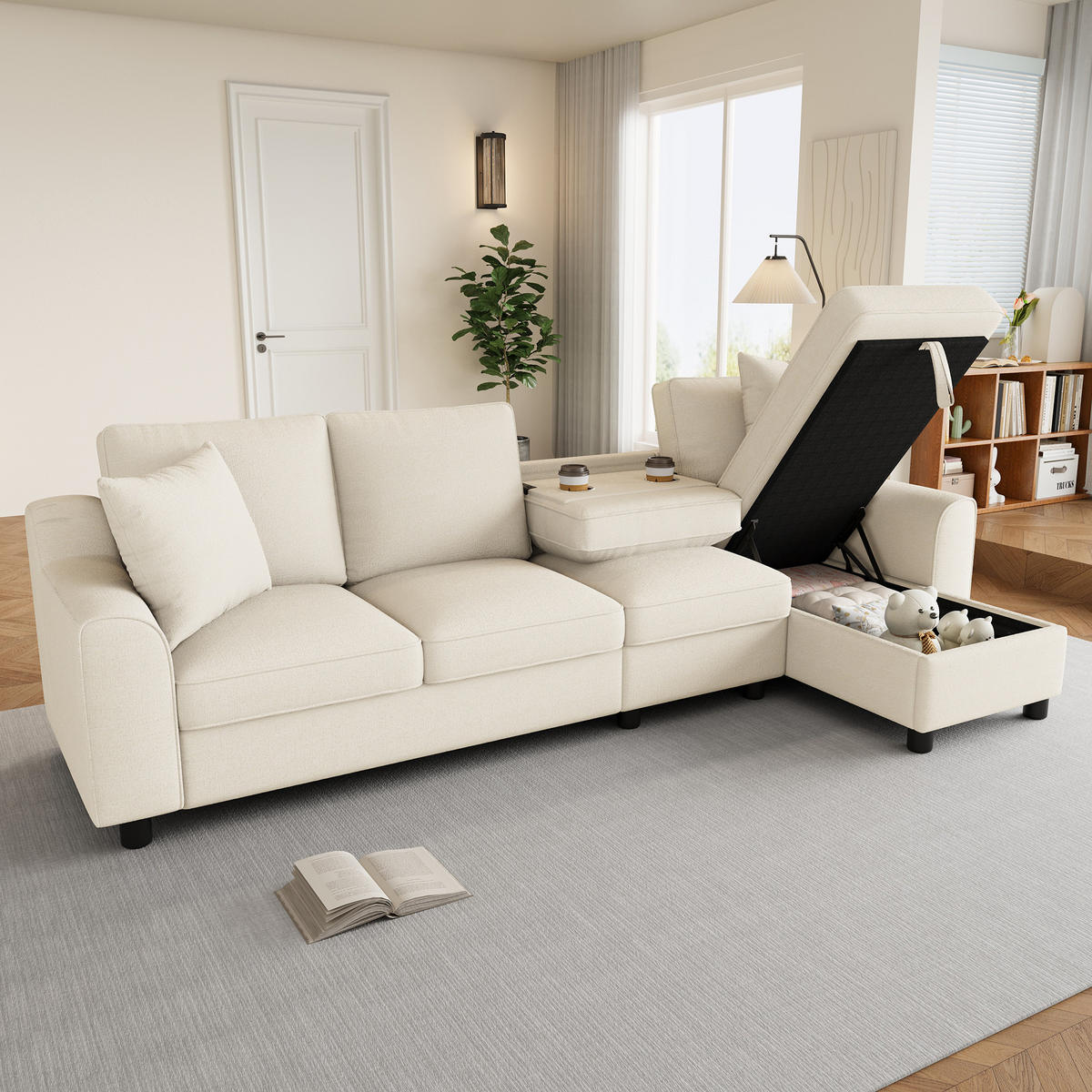 4-SITZER ECKSOFA Chenille Beige mit Stauraum und Getränkehaltern - Beige, Holzwerkstoff/Kunststoff (280/136cm) - WISHDOR