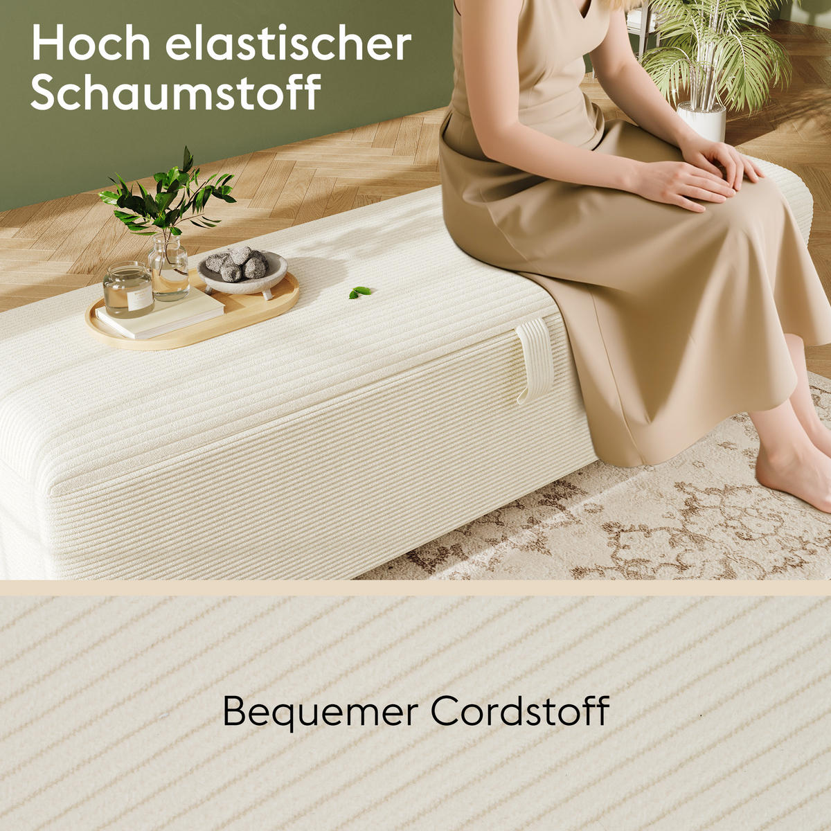 POSTEĽS úložným priestorom a nastaviteľným čelom (vrátane lavice) - béžová, kompozitné drevo/textil - Urban Meuble