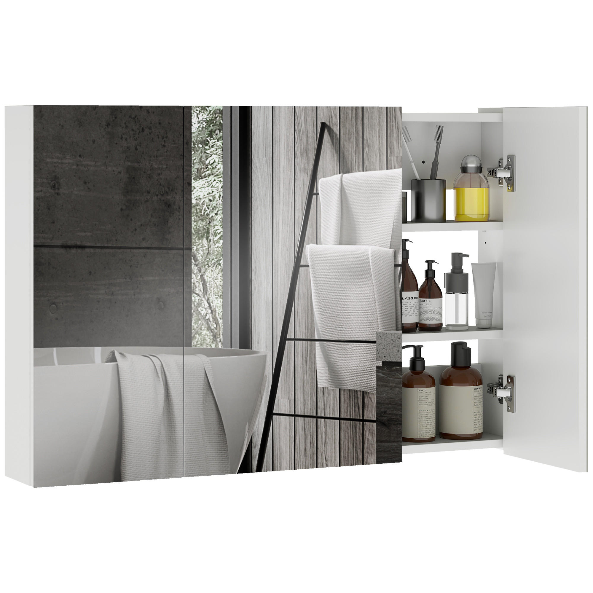 BADEZIMMER-WANDSCHRANK mit 3 Spiegeltüren und verstellbaren Holzregalböden, 90 x 13,5 x 60 cm ,Weiß - Weiß, Glas (90/60/13.5cm) - Vallsero
