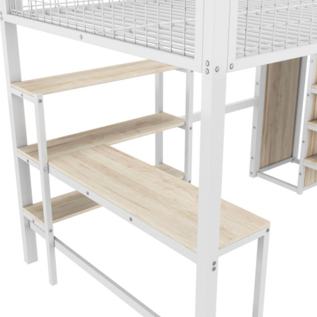 HOCHBETT 140 × 200 cm aus Metall und MDF mit Schreibtisch, Regalen und Kleiderschrank, weiß - Weiß, Holzwerkstoff - Luhomfu
