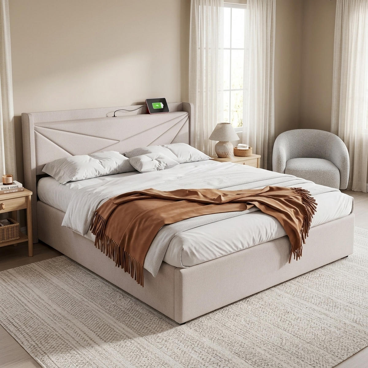 POLSTERBETT 180/200 mit Bettkasten und USB in Beige - Grau, Holzwerkstoff/Textil (180/200cm) - EVRYAE