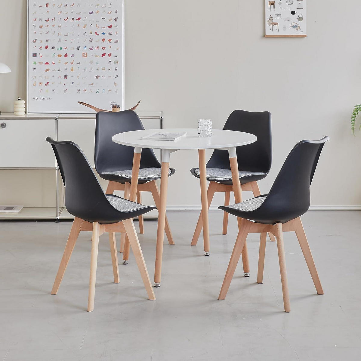ESSZIMMERSTUHL 4er-Set Schwarz mit Holzbeinen und gestreiftem Sitzkissen - Multicolor, Holz (49/83/42cm)