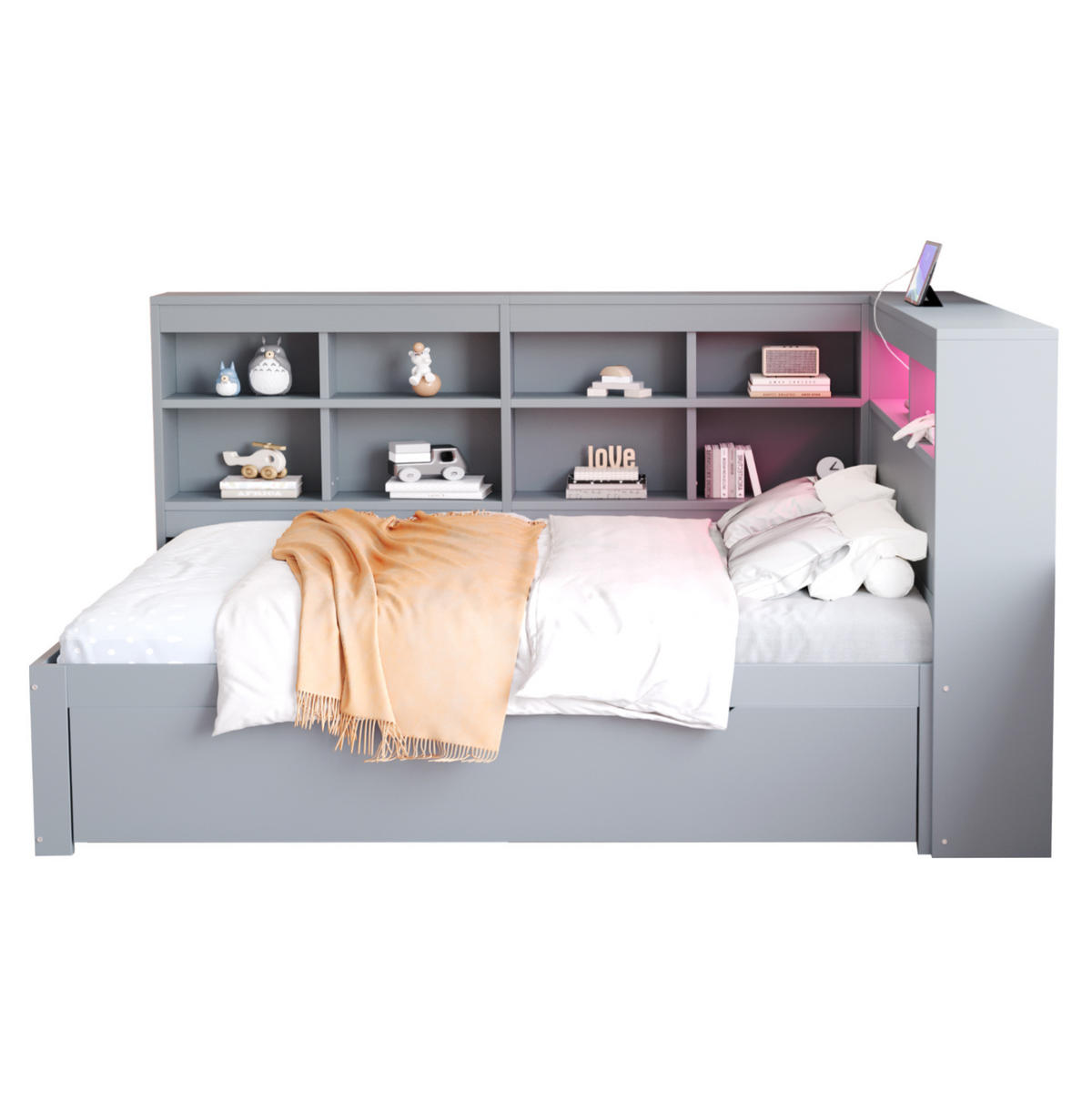 MULTIFUNKTIONSBETT aus Massivholz 140x200 cm Grau mit USB-Steckdose, LED-Beleuchtung und großem Stauraum - Grau, Holz (140/200cm) - Modfu