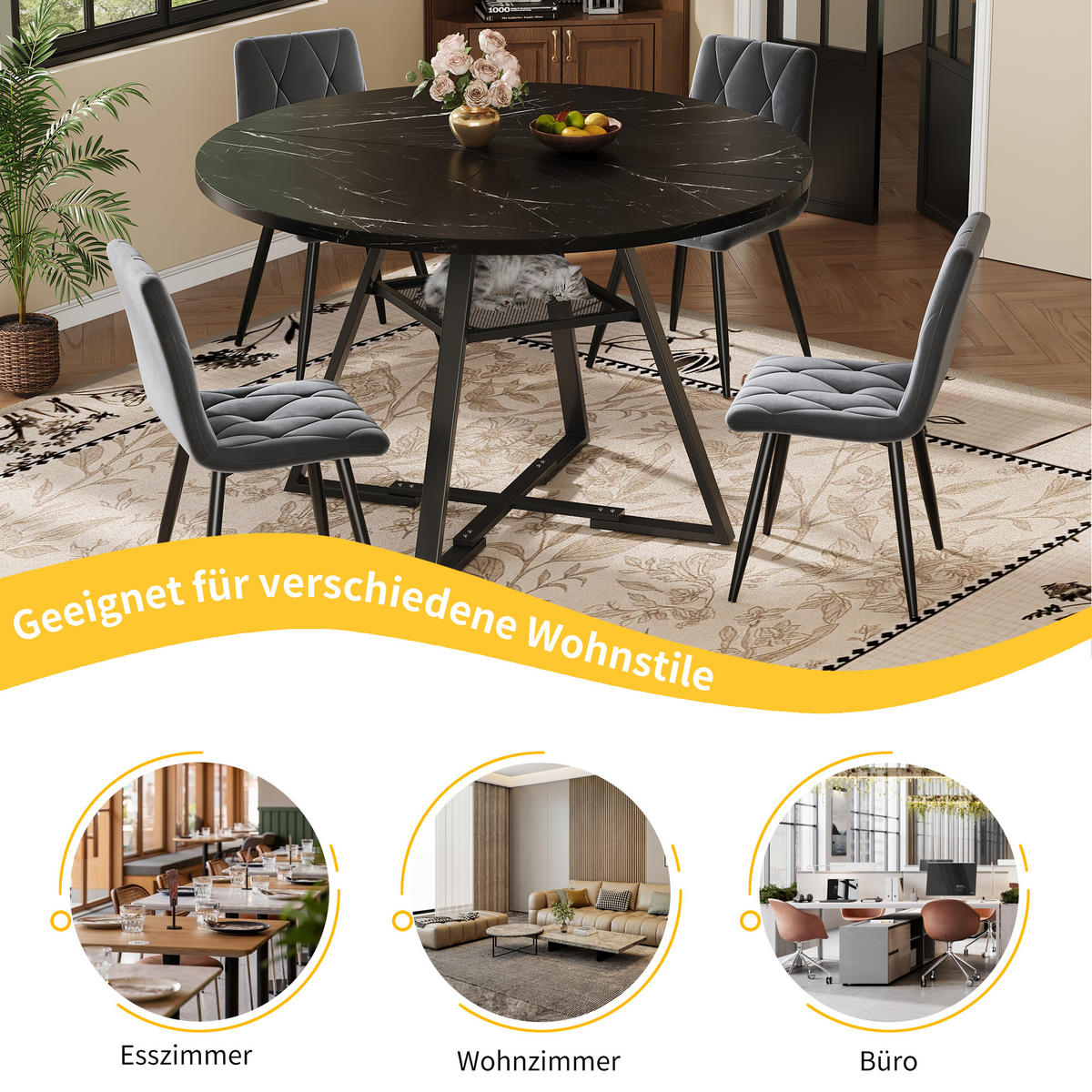 ESSTISCH rund 120 cm Schwarz in Marmoroptik mit Metallgestell und Ablage - Schwarz, Holzwerkstoff (120/120/75cm) - OKWISH