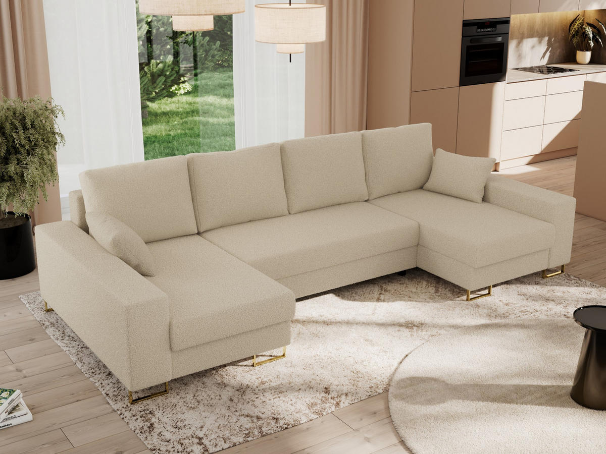 WOHNLANDSCHAFT DORIAN U Bouclé Beige - Beige/Goldfarben, Textil/Metall (312/95/138cm) - MKS