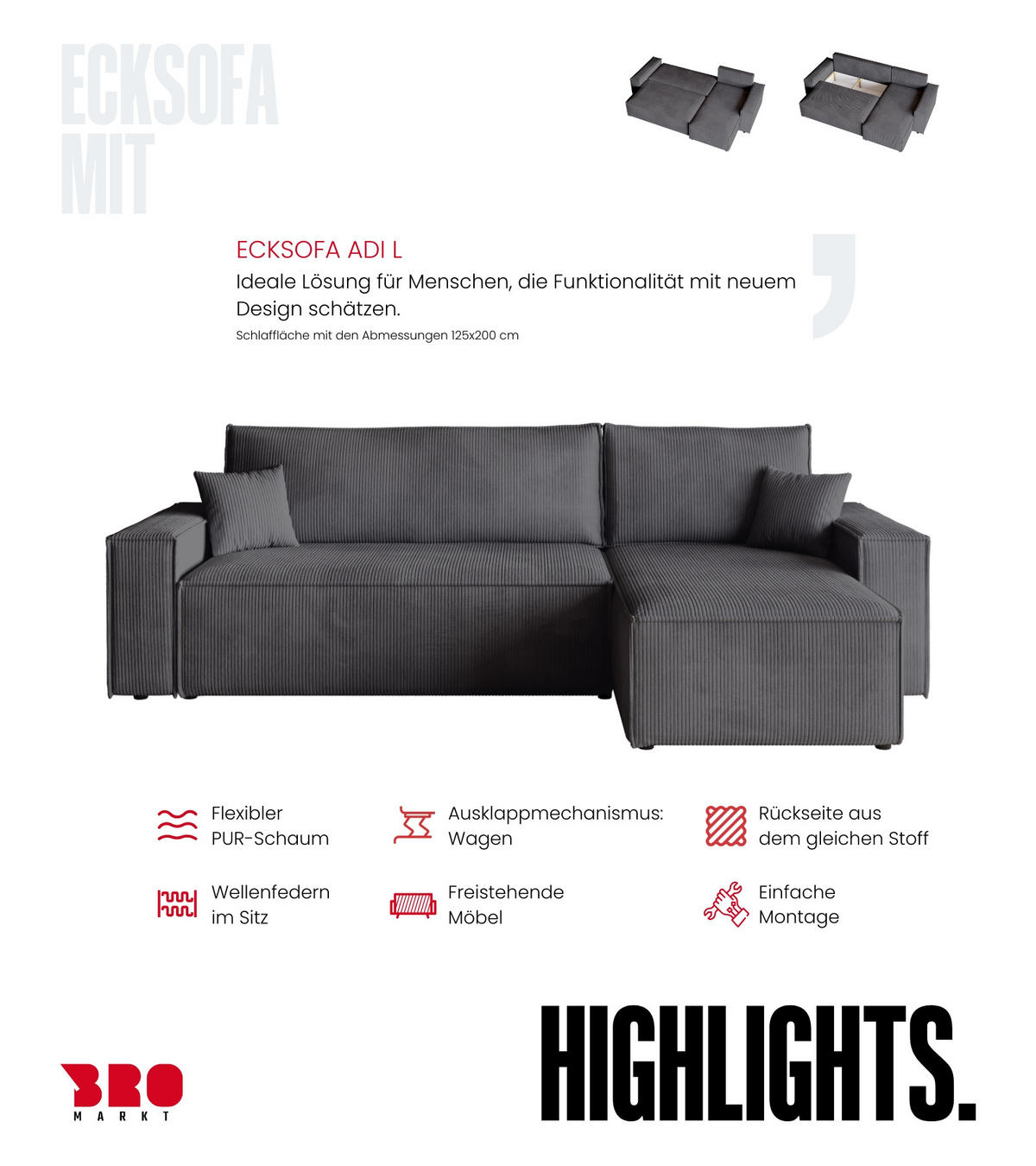 ECKSOFA ADI mit Schlaffunktion Grau Cord - Grau, Textil (244/143cm) - Bromarkt