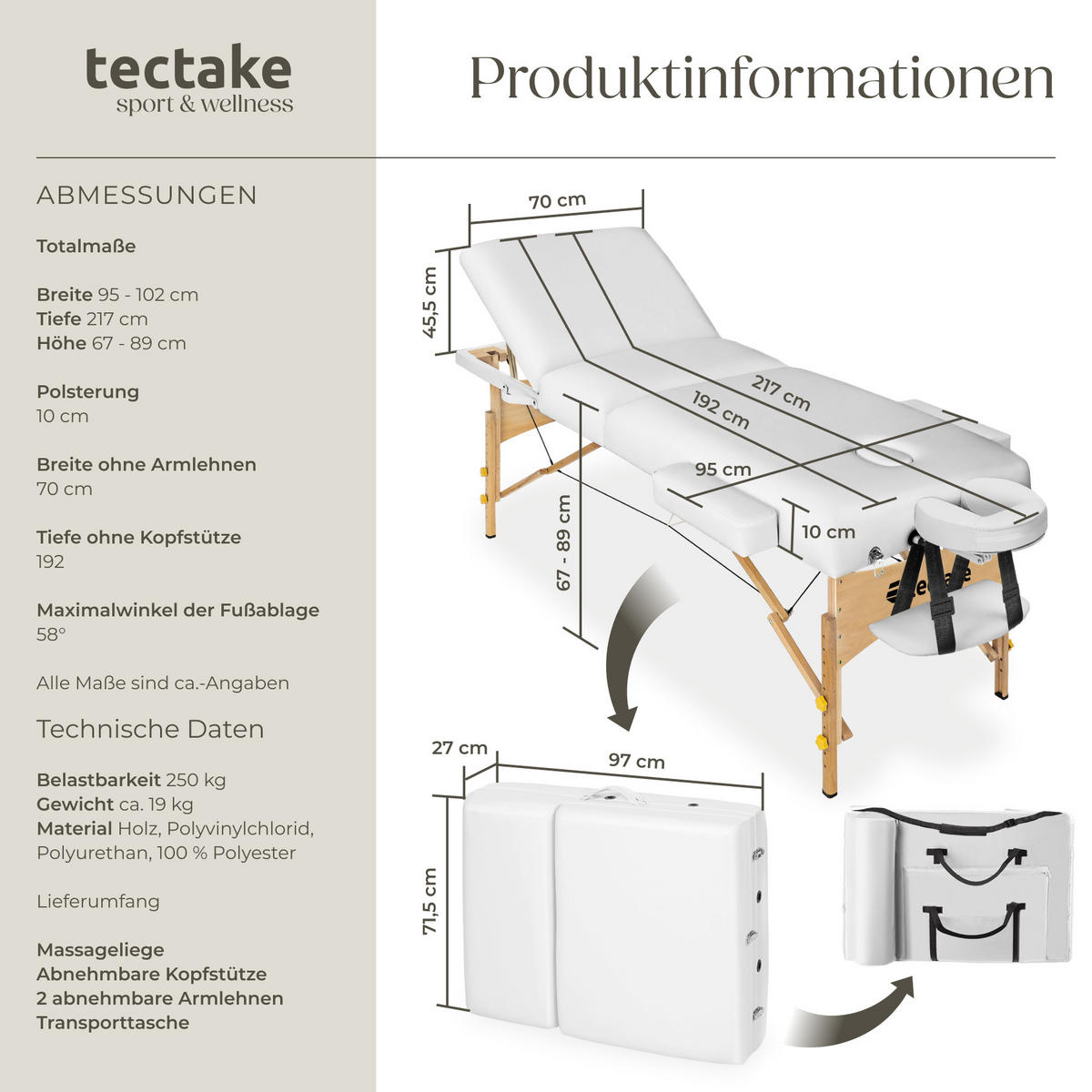 MASSAGELIEGE 3 Zonen, 218 x 102 x 90 cm,weiß - Weiß, Holz (102/90/218cm) - tectake
