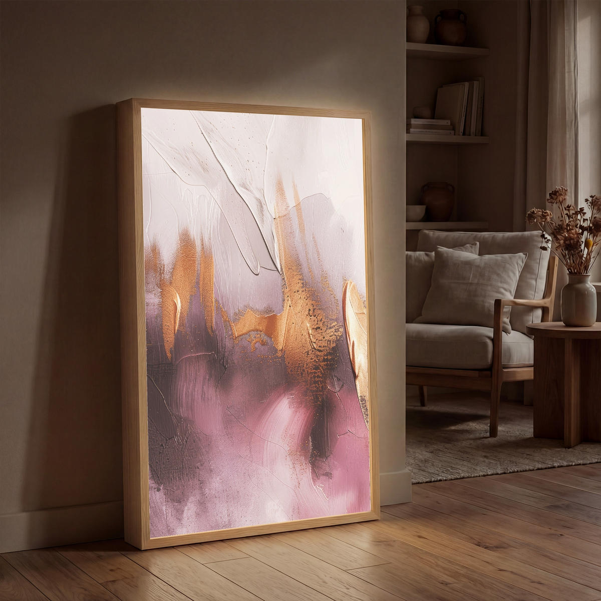NÁSTĚNNÁ LAMPA S AKUMULÁTOREM Fialová - abstraktní - barva - zlatá 60x90 cm - světle fialová, kompozitní dřevo (60/90/8cm) - OnlyWow