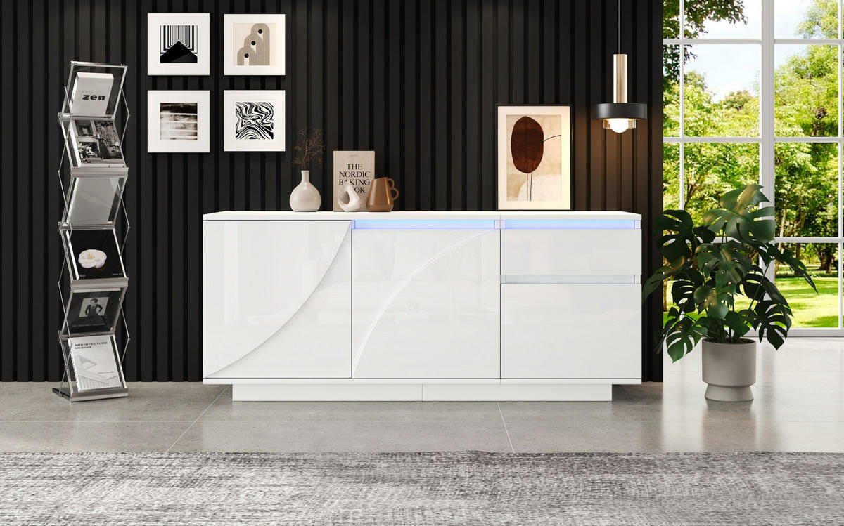 SIDEBOARD aus MDF 140x40x60 cm Weiß mit LED-Beleuchtung, 3 Türen, 1 Schublade und verstellbaren Einlegeböden - Weiß, Holzwerkstoff (140/60/40cm) - Modfu