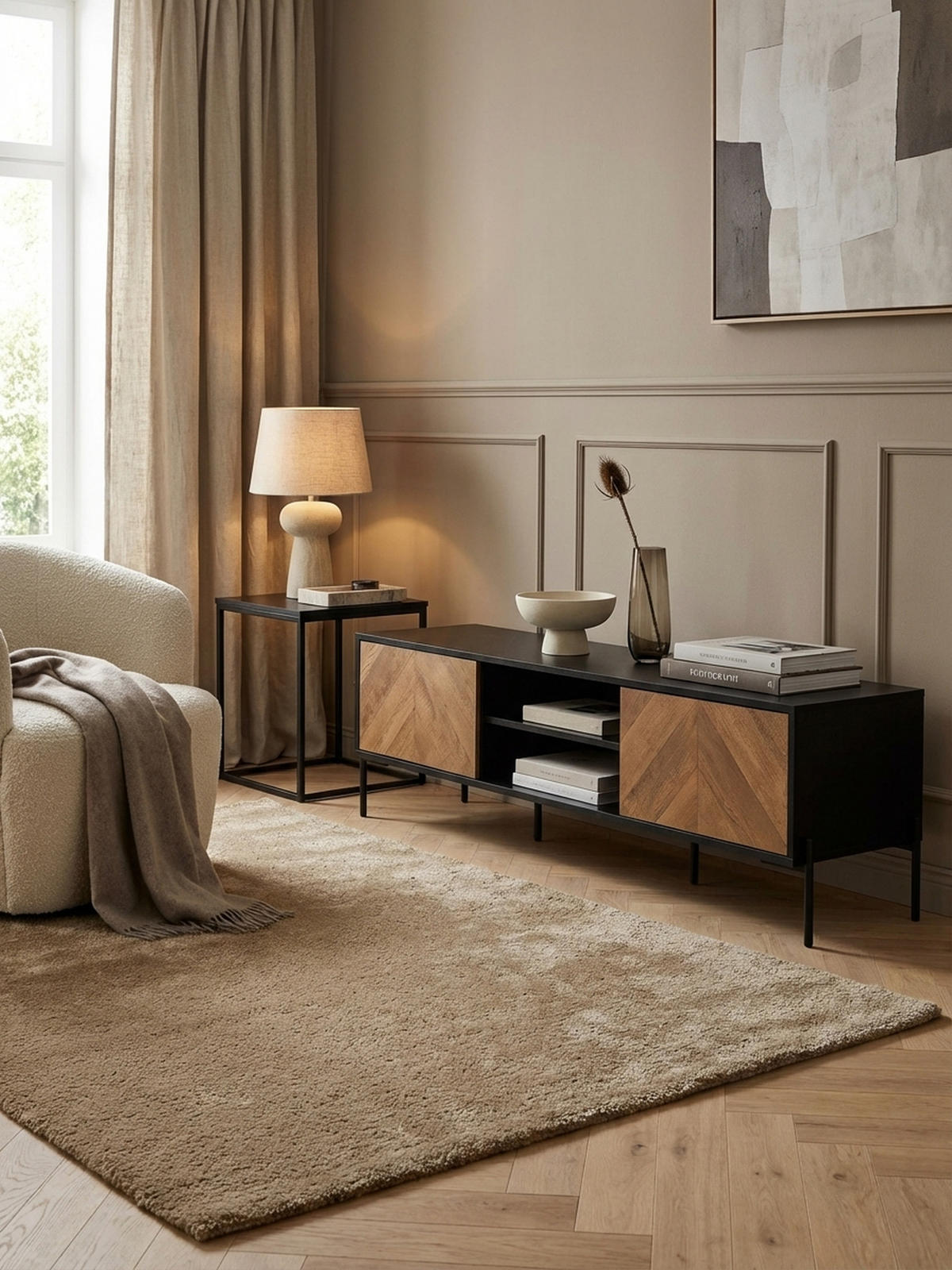 LOWBOARD Modern Stil mit V-Muster für 70-Zoll Fernseher - Schwarz, Holz/Metall (163/45/40cm) - KADIMA DESIGN