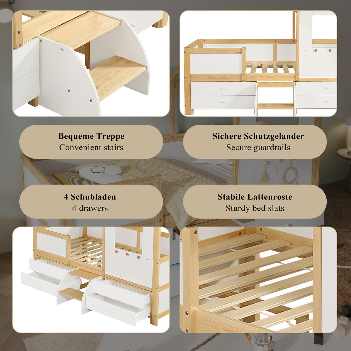 HAUSBETT 90/200 mit Dach, 4 Schubladen und kleiner Treppe in Weiß und Natur - Weiß/Naturfarben, Holzwerkstoff (90/200cm) - EVRYAE